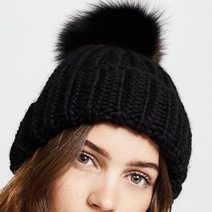 Eugenia Kim: WOOL BEANIE W/METAL YARN&BLK FOX POM